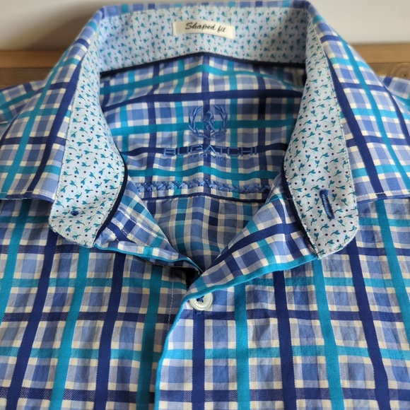 Bugatchi Men’s Blue Plaid Long Sleeve Flip Cuff Button up Shirt - Picture 5 of 14